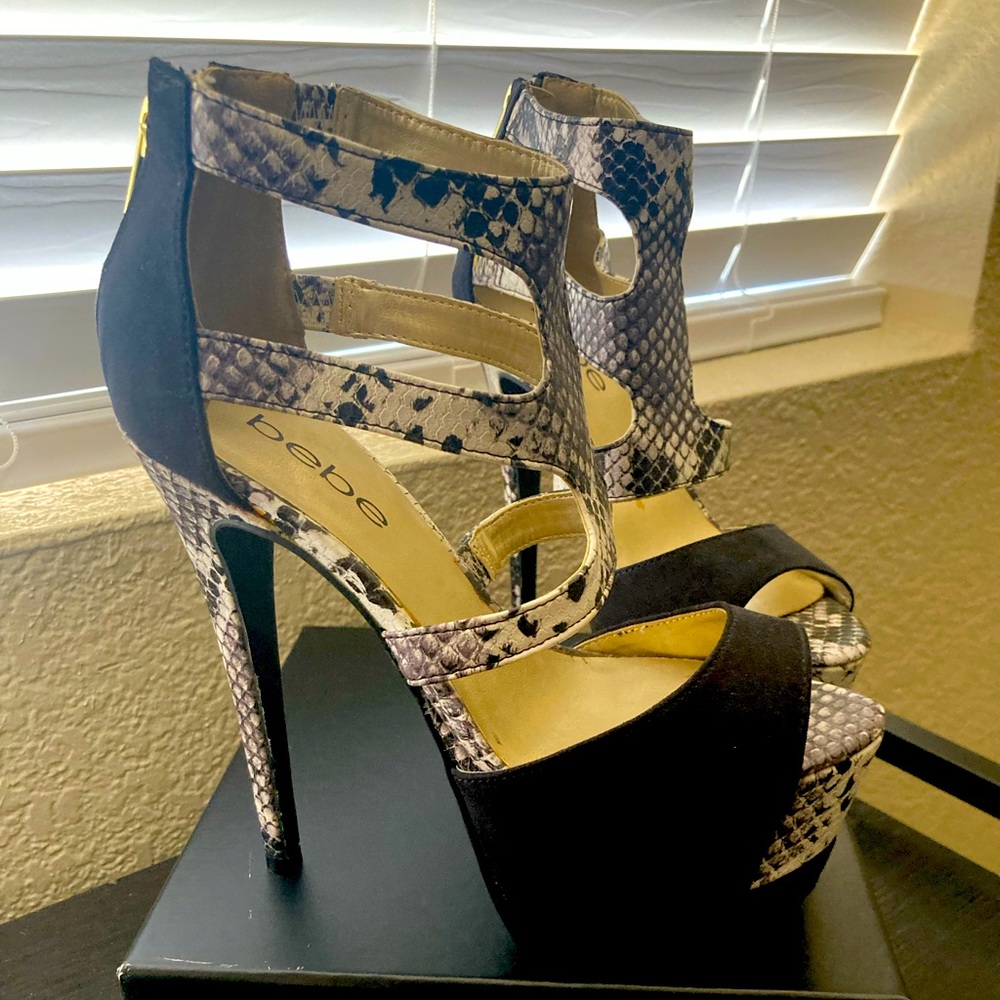 Bebe snake print ultra platform stilettos